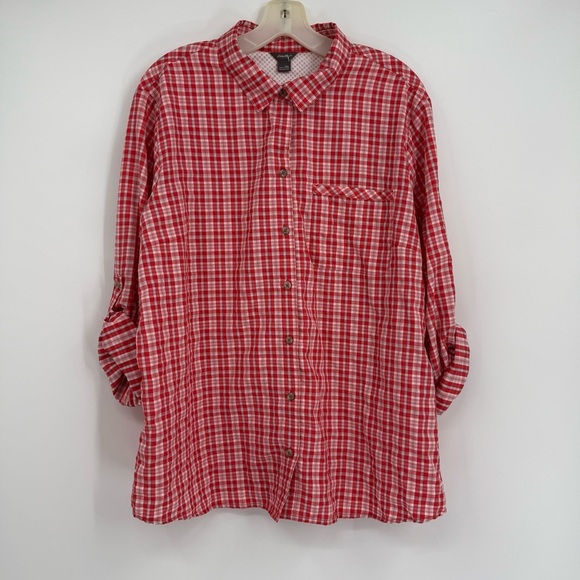 Eddie Bauer Women’s Nylon Camp Shirt Size 2X Red Plaid Roll Tab Button Up - Picture 9 of 9